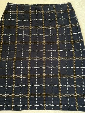 Ann Taylor Factory Navy Plaid Knit Pencil Skirt with Gold & White Stitching